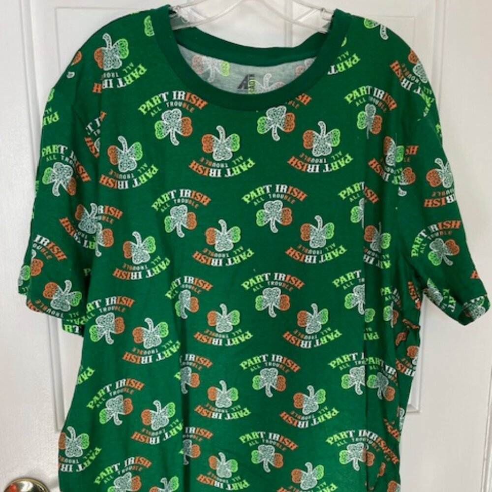 Green short cotton t-shirt with 'Part Irish' All Trouble w/ shamrock design XXL